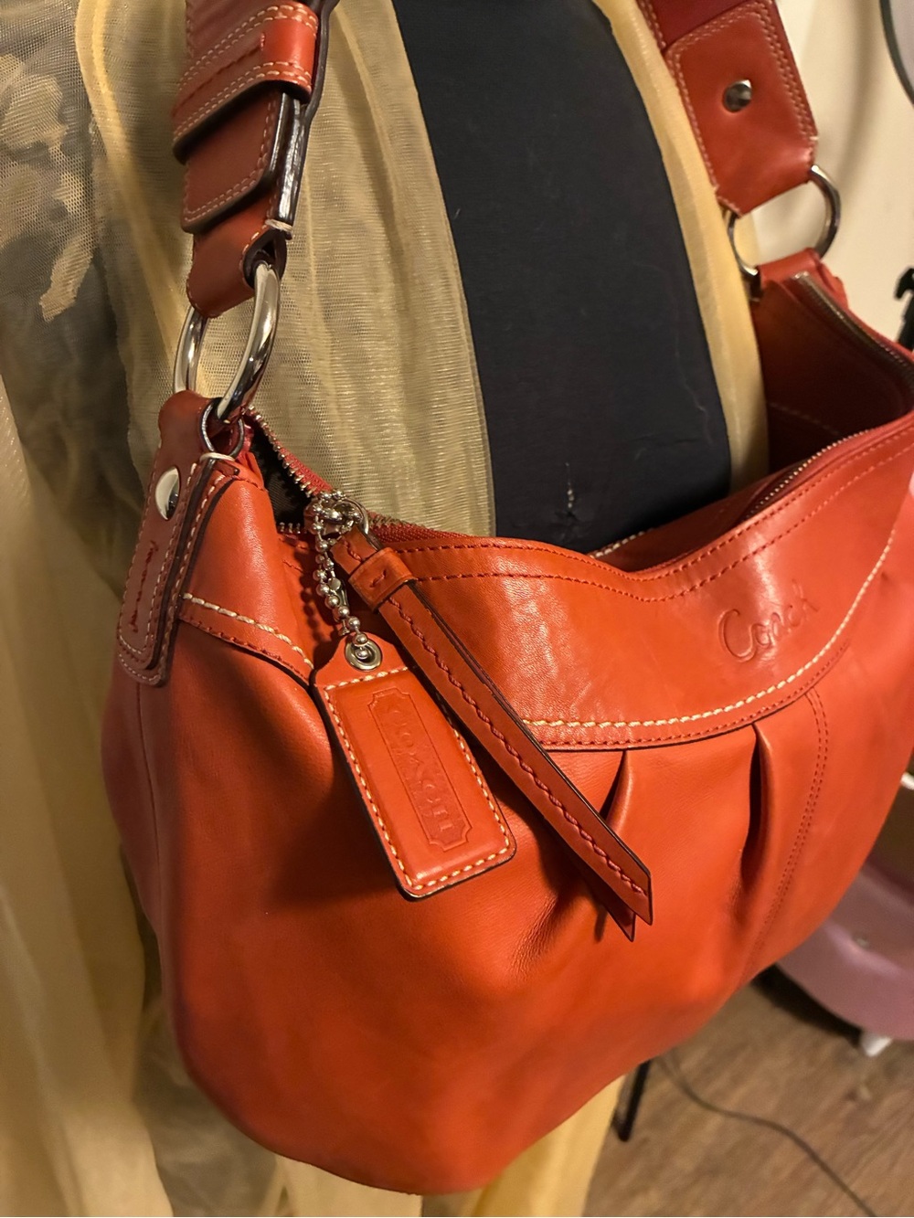 Coach Orange Leather Shoulder Bag with Signature Tag